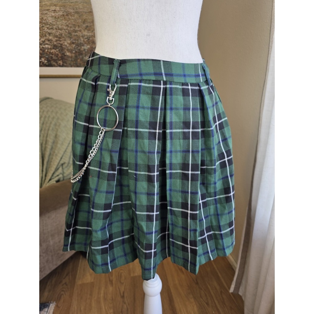 Social Collison Medium Skirt Green Plaid Chain School Girl Grunge